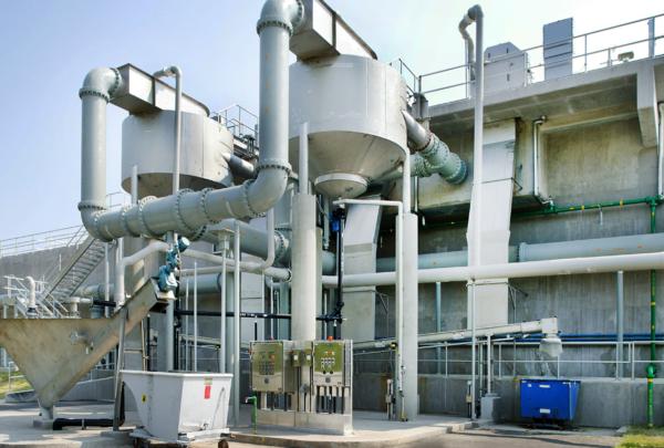 Metal pipes and other water distribution equipment at the Point Peter Wastewater Treatment Plant